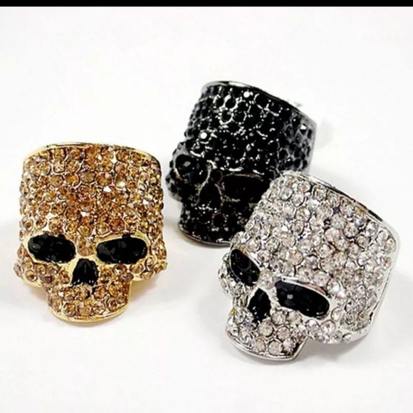 Silver gold and black titanium crystal goth skull punk Biker ring new - Picture 1 of 7